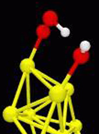 Georgia Institute of Technology - Illustration of reaction turning carbon monoxide (CO) into carbon dioxide (CO2) using a water molecule (H20) to enhance the catalytic activity of an eight-atom nanocluster of gold