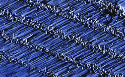 Scanning electron microscope image shows rows of horizontal zinc-oxide nanowires grown on a sapphire surface. The gold nanoparticles are visible on the ends of each row.