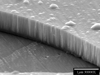 Chemist James Garvey has developed a way to deposit metal oxide onto a polymeric substrate, as shown in this scanning electron microscope image, magnified 30,000 times.