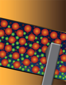 Top view of the ruthenium tris-bipyridine light-emitting device created by Cornell researchers. The ruthenium metal complex is represented by red spheres, and counter ions are represented by green spheres. The material is sandwiched between two gold electrodes. Also visible is the probe of the electron force microscope used to measure the electric field of the device.
