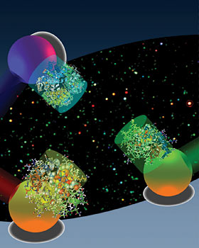Lights scatter from metallic nanoplasmonic particles upon excitation of an external light source. UC Berkeley researchers coupled the metallic nanoparticles with biomolecules to detect chemical signals within a single living cell at unprecedented resolution. (Graphic by Gang Logan Liu and Luke Lee/UC Berkeley)