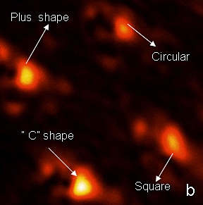 Photo Caption: Researchers focused laser light on 30-nanometer spots using various apertures. The c-shaped aperture produced the most powerful result as seen in this scanning near-field optical microscope image by researcher Rabee Ikkawi.