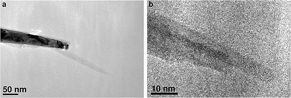 Images taken by a transmission electron microscope (TEM), of an individual carbon nanotube mounted on a tungsten tip. In a), the end of the tungsten tip (dark) and the complete nanotube (light) can be seen. Picture b) shows the apex of the nanotube under larger magnification. The apex has a radius of just 2.7 nanometers. Photo: Philips