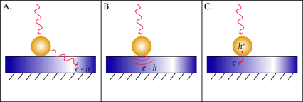 Light can be converted to electricity via plasmon resonances in nanoparticles, by: A: a far field effect which prolongs the optical path through the cell, B: a near field effect which locally enhance the energy conversion in the solar cell, or C: a creation of energy rich charge carriers which are transferred to the solar cell. Image: Carl Hgglund