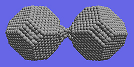 NIST researchers have shown that substances such as silica that are brittle in bulk exhibit ductile behavior at the nanoscale. Computer simulations demonstrate the material extension and necking that occurs during the separation of amorphous (top) and crystalline (bottom) silica nanoparticles.

Credit: NIST