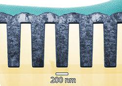 Working in the trenches: Transmission electron microscopy image of a thin cross section of 160 nanometer trenches shows deposited nickel completely filling the features without voids. (Color added for clarity.)

Credit: NIST