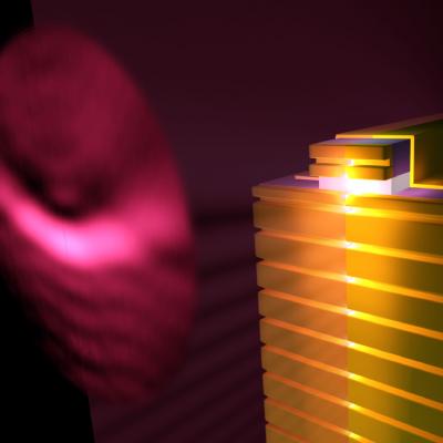 A cartoon showing a quantum cascade laser patterned with a plasmonic collimator which greatly reduces the divergence in the vertical direction.

Credit: Courtesy of Capasso Lab, Harvard School of Engineering and Applied Sciences
