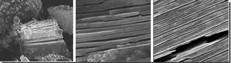 Scanning electron microscope images of a cerium hydride
stacked-plate nanostructure. a Typical stacked-plate cluster. b Close-up view of the edges of the plates in a. c Close-up view of another particle
showing a finer fracture scale.
