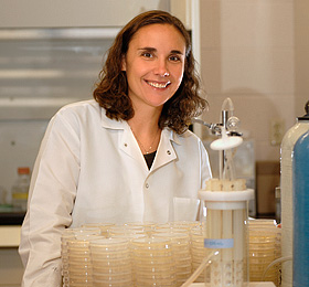 Biofilms researcher Darla Goeres poses in her lab at MSU's Center for Biofilm Engineering. (MSU photo by Kelly Gorham)