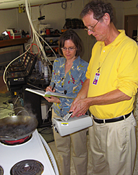NIST researcher Cynthia Howard Reed and guest researcher Lance Wallace measure nanoparticles emitted by common household appliances. The new experiments can measure 'ultrafine particles' ranging in size from 2 to 10 nanometers.

Credit: NIST