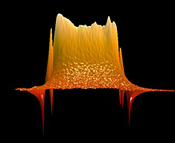 Confocal Raman microscopy image of stress in a silicon crystal caused by indentation with a 20 micrometer long wedge. The image does not show the silicon but rather the magnitude of stress in the crystal, with compressive stress around the wedge going up from the base line. Vampiric red fangs reveal tensile stress associated with cracking at the ends of the indentation.

Credit: Stranick, NIST