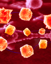 This image, taken with a scanning electron microscope and digitally colorized and enhanced, shows a new precise biosensor for detecting blood glucose and other biological molecules using hollow structures called single-wall carbon nanotubes anchored to gold-coated "nanocubes." The device resembles a tiny cube-shaped tetherball anchored to electronic circuitry by a nanotube about 25,000 times thinner than a human hair. (Jeff Goecker, Discovery Park, Purdue University)