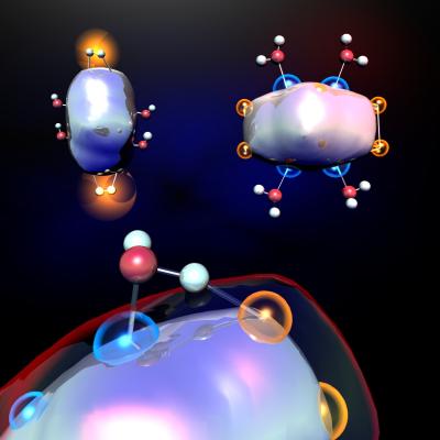 The figure shows aluminum clusters reacting with water to produce hydrogen. The image on the bottom depicts a water molecule (one hydrogen atom (red ball) and two oxygen atoms (silver balls)) splitting on the surface of an aluminum cluster. The blue regions are Lewis-acid sites and the orange regions are Lewis-base sites. The upper-right image shows multiple water molecules binding to the active sites of an aluminum cluster. The upper-left image shows the release of hydrogen (two silver balls surrounded by orange halo).

Credit: A.C. Reber, VCU/Penn State