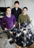 Photo by L. Brian Stauffer
Electrical and computer engineering professor Eric Pop, from left, worked with undergraduate Yang Zhao and graduate student Albert Liao, both in ECE, to demonstrate a remarkable increase in the current-carrying capacity of carbon nanotubes.