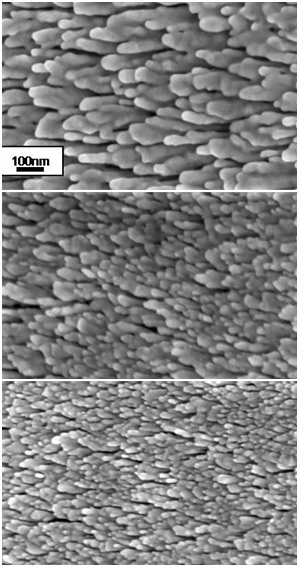 Researchers at Rensselaer Polytechnic Institute have discovered a new method for growing slimmer copper nanorods, which can be used as a low-temperature bonding agent for holding together the layers of next-generation 3-D integrated computer chips. The researchers found that interrupting the nanorod growth process results in thinner rods. Pictured are scanning electron images, at the same magnification, of copper nanorods that have been grown without interruption (top), with two interruptions (middle), and with six interruptions (bottom). 