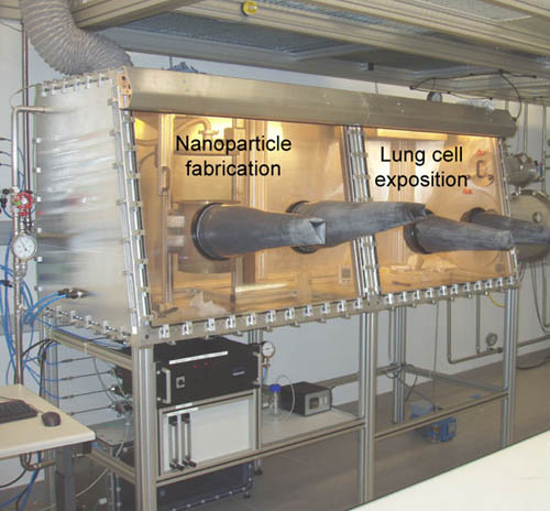 Cell cultures of lung epithelial cells (in the right-hand box) were exposed to an aerosol of cerium oxide nanoparticles in a special glove box. During the exposure of the cell cultures, the nanoparticles were freshly produced by flame synthesis in the left half of the box. 