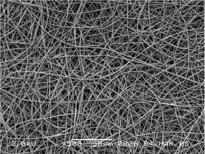 A scanning electron micrograph of an electrospun nonwoven mat of poly(styrene-co-dimethylsiloxane) fibers, showing the porous, nonwoven structure of the mat. Image / Greg Rutledge