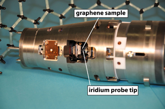 NIST-built STM shuttle module contains the atomic-scale position-and-scan system. Graphene sample and probe tip are in the center opening. Shuttle moves between a room-temperature vacuum environment for loading to an ultracold environment for measuring. Model in background shows graphenes honeycomb structure.

Credit: Holmes, NIST