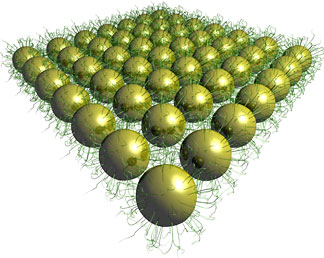 Michael Campolongo/Luo Labs
A schematic drawing of gold nanoparticles held together by tangled, hairlike strands of DNA. The thin sheets could prove useful in electronic applications.
