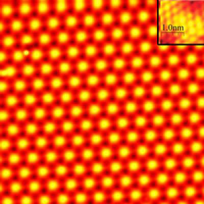 This is a scanning tunneling microscope image of the 2-atom thick lead film. The inset is a zoomed view showing the atomic structure. (Image: Dr. Ken Shih, The University of Texas at Austin) 