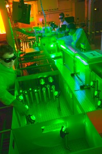 From left, Berkeley Labs Csaba Toth, Joseph Wallig, and Wim Leemans working with a 40-terawatt laser.
