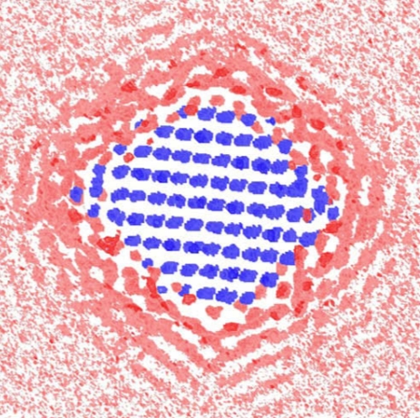 Why nanosized minerals do what they do: This computer simulation reveals the cross section of the water density around a 2.7 nanometer faceted particle. The blue indicates an iron site, pink indicates the area with low water density, and red indicates the area with high water density.