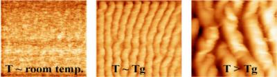This photo shows a few examples of linear ripples obtained on a particular polymer as a result of scanning its surface with an atomic force microscope tip heated to several different temperatures. The higher the temperature, the more pronounced the ripples.

Credit: Kansas State University department of physics