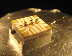 The NIST "stylus trap" can hold a single ion (electrically charged atom) above any of the three sets of concentric cylinders on the centerline. The device could be used as a stylus with a single atom "tip" for sensing very small forces or an interface for efficient transfer of individual light particles for quantum communications.

Credit: Maiwald, NIST