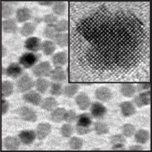 A high resolution electron micrograph image of magnesium oxide nanocrystals; the inset shows a single nanocrystal.