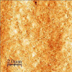The flip-chip lamination method creates an ultra-smooth gold surface (left), which allows the organic molecules to form a thin yet even layer between the gold and silicon. Gold surfaces created by other methods are substantially rougher (right), and would result in many of the molecular switches either being smashed or not contacting the silicon.

Credit: Coll Bau, NIST