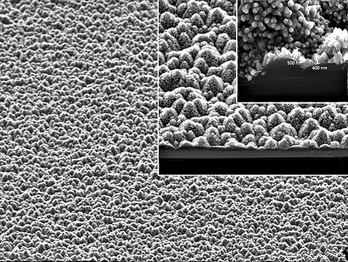 Chemical engineers at Oregon State University are using extraordinarily small films at the nanostructure level to improve the performance of eyeglasses and, ultimately, solar energy devices. These films, which resemble millions of tiny pyramids, reduce the reflectance of any light that strikes the material. (Image by Seung-Yeol Han) 
