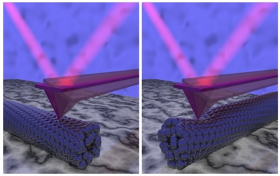 Images compare an AFM tip sliding longitudinally along a carbon nanotube (left) versus sliding in the transverse direction. (Image: Christian Klinke, University of Hamburg)
