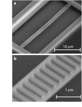 A scanning electron micrograph of the optomechanical crystal. (At bottom) A closer view of the device's nanobeam.
[Credit: M. Eichenfield, et. al., Nature, Advanced Online Publication (18 October 2009)]