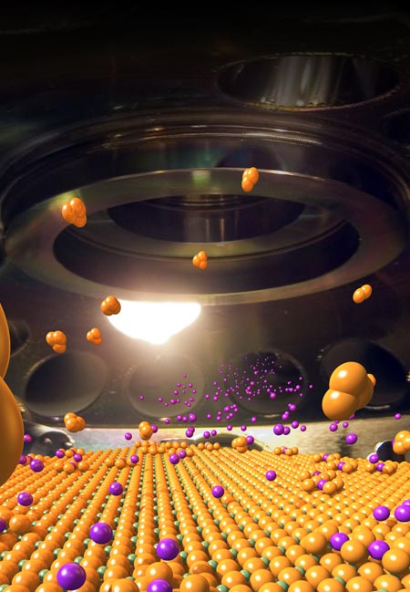 This graphic shows the inside of the molecular beam epitaxy chamber where thin films are built layer by layer, showing an artists rendition of the film synthesis process.