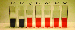Low level: The amount of arsenic in Bangladeshi well water and in bottled drinking water and Mississippi tap water are indicated by a dynamic light scattering (DLS) assay. Label-free gold nanoparticles are used in a selective colorimetric assay (see picture) and in a highly sensitive DLS assay for the recognition of arsenic in concentrations as low as 3 ppt.