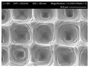 Fig. 1: Etching a dense array of pits into the surface of a silicon substrate with a laser increases its water repellency. Using this surface as a template to imprint the reverse of this pattern into a solgel film results in a surface that is even more water repellent.

 2009 A*STAR

