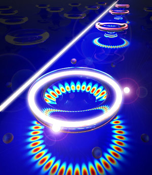 The high-Q microresonators could be mass produced by the hundreds of thousands on silicon wafers. Each torus is 20 to 30 micrometers across, one-tenth the size of the period at the end of this sentence. In this image, two particles (bright spots) have landed on the closest microresonator and are acting as scattering centers that disturb the light waves in the torus. This allows them to be detected and measured. Credit: Jiangang Zhu and Jingyang Gan/WUSTL 