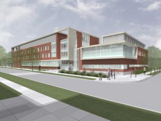 A drawing of the new Physical Sciences Building (left) with the Nanoscience Metrology Facility on the right.