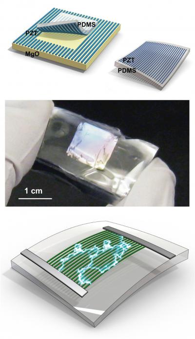 The top image shows the process piezoelectric nanoribbons are peeled off a host substrate and placed onto rubber. The middle image is a photograph of the piezo-rubber chip. The bottom image is a schematic of the energy harvesting circuit, which generates power when it's bent. Credit: Courtesy Michael McAlpine/Princeton University