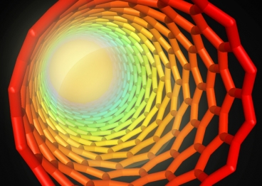 A carbon nanotube (shown in illustration) can produce a very rapid wave of power when it is coated by a layer of fuel and ignited, so that heat travels along the tube. Graphic: Christine Daniloff 