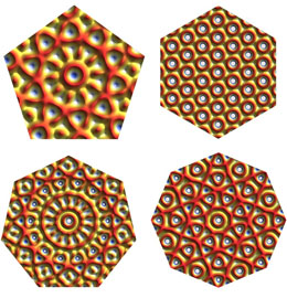 Symmetry bears flowers: The Stuttgart-based researchers generate light patterns by superimposing several laser beams. Flower-shaped structures form in the laser patterns which act as a nucleus for order. They arise very rarely in the 7-fold pattern (bottom left) - therefore no materials with a 7-fold symmetry are found in nature. Image: Jules Mikhael, University of Stuttgart

