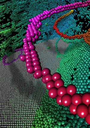 Atomic Strength: A material science team led by Brown University engineers has found that the deformation of nanotwinned metals is characterized by the motion of highly ordered, necklace-like patterns of crystal defects called dislocations. Credit: Huajian Gao and Xiaoyan Li/Brown University