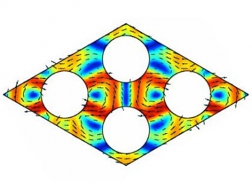 A computer simulation shows phonons, depicted as color variations, traveling through a crystal lattice. The lattice in this case is broken up by round rods whose spacing has been chosen to block the passage of phonons of certain wavelengths. 