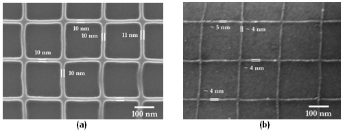 Nanoscale lines of (a) copper naphthenate and (b) copper after hydrogen reduction showing size reduction by about 50%, to make the metal lines - the thinnest ever made to date.