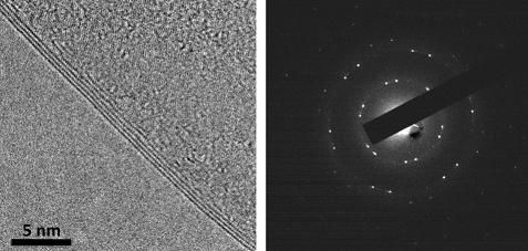 Caption: A transmission electron microscope image, left, shows one-atom-thick layers of hexagonal boron nitride edge-on. At right is a selected area electron diffraction of an h-BN layer. (Credit Li Song/Rice University)