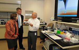 James Hussey, CEO of NanoInk, Inc. discusses NanoInk's Dip Pen Nanolithography with Congressional Representative Jan Schakowsky and Frank Wuest, President of the Forest City Science + Technology Group, in NanoInk's NanoProfessor Nanoscience Education Learning Lab. 