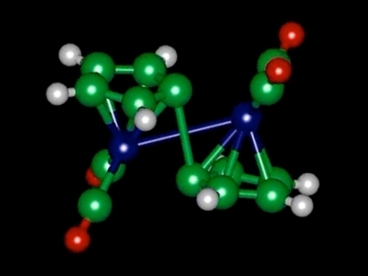 A molecule of fulvalene diruthenium, seen in diagram, changes its configuration when it absorbs heat, and later releases heat when it snaps back to its original shape.  Image: Jeffrey Grossman