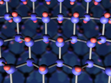 Graphane crystal. This novel two-dimensional material is obtained from graphene (a monolayer of carbon atoms) by attaching hydrogen atoms (red) to each carbon atoms (blue) in the crystal.