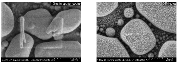 Above pictures show a resolution test sample (Sn balls on carbon, sputtered with Au grains). The sample was left inside a oil rotary pumped sputter coater over night.
Left image: No fine surface details visible. SEM scanned area shows strong contamination build-up.
Right image: Same sample, cleaned 25min in the ZONESem cleaner. The hydrocarbon film has been effectively removed, the fine Au grains are clearly visible without new contamination buildup within the scanning area. Copyright Hitachi High-Technologies Corporation
