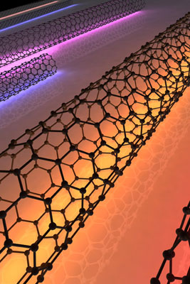 An artistic rendering of carbon nanotubes scattering light. Credit Shivank Garg
